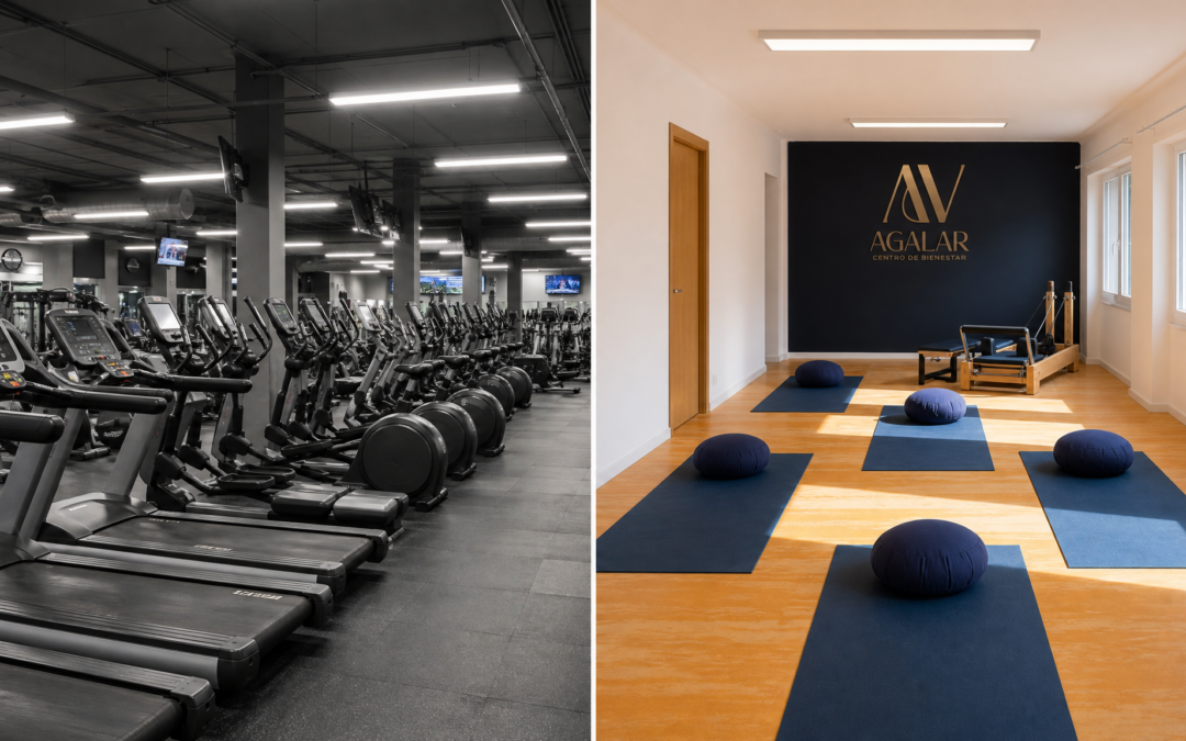 Comparativa visual entre gimnasio convencional y el estudio Agalar de yoga y pilates en Mungia