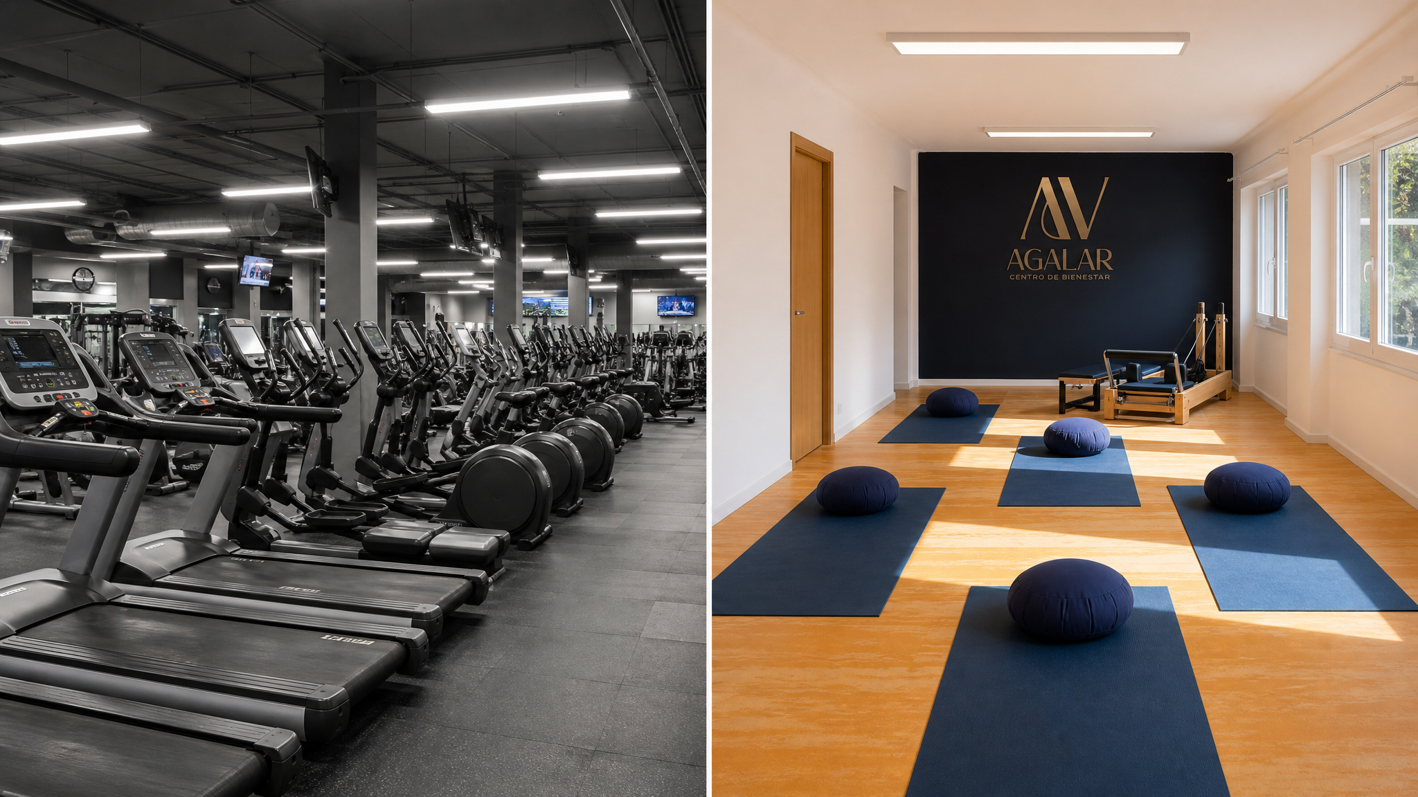 Comparativa visual entre gimnasio convencional y el estudio Agalar de yoga y pilates en Mungia